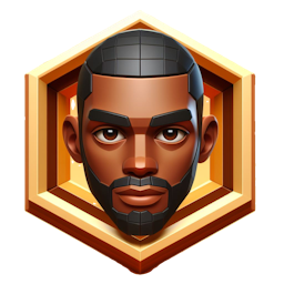 Animated black man's head with gold hexagon directly behind