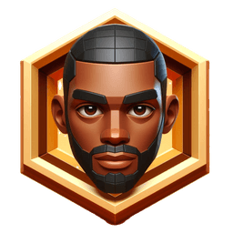 Animated black man's head with gold hexagon directly behind